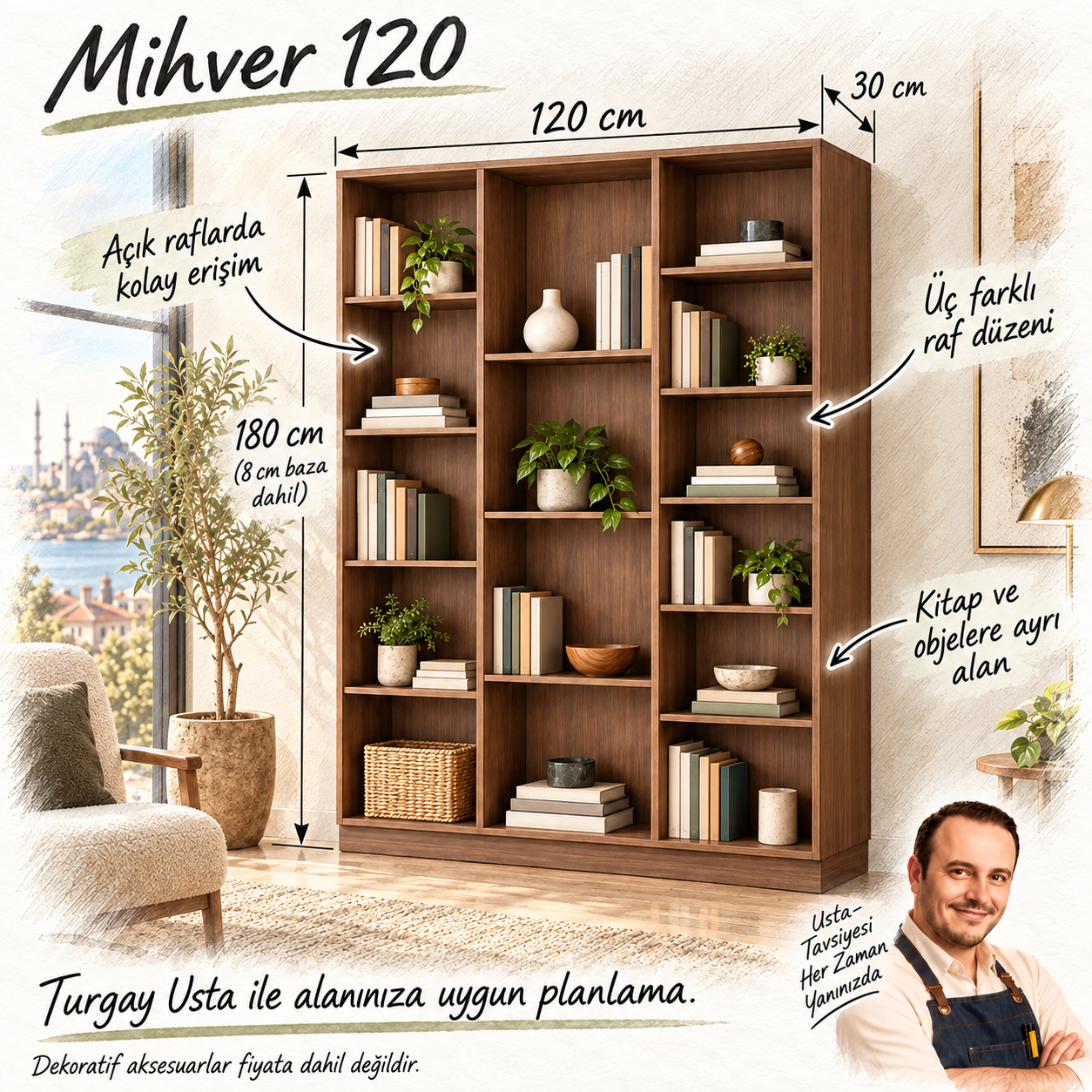 Mihver 120 açık raflı kitaplık 120 x 30 x 180 cm ölçülü Turgay Usta eskizi