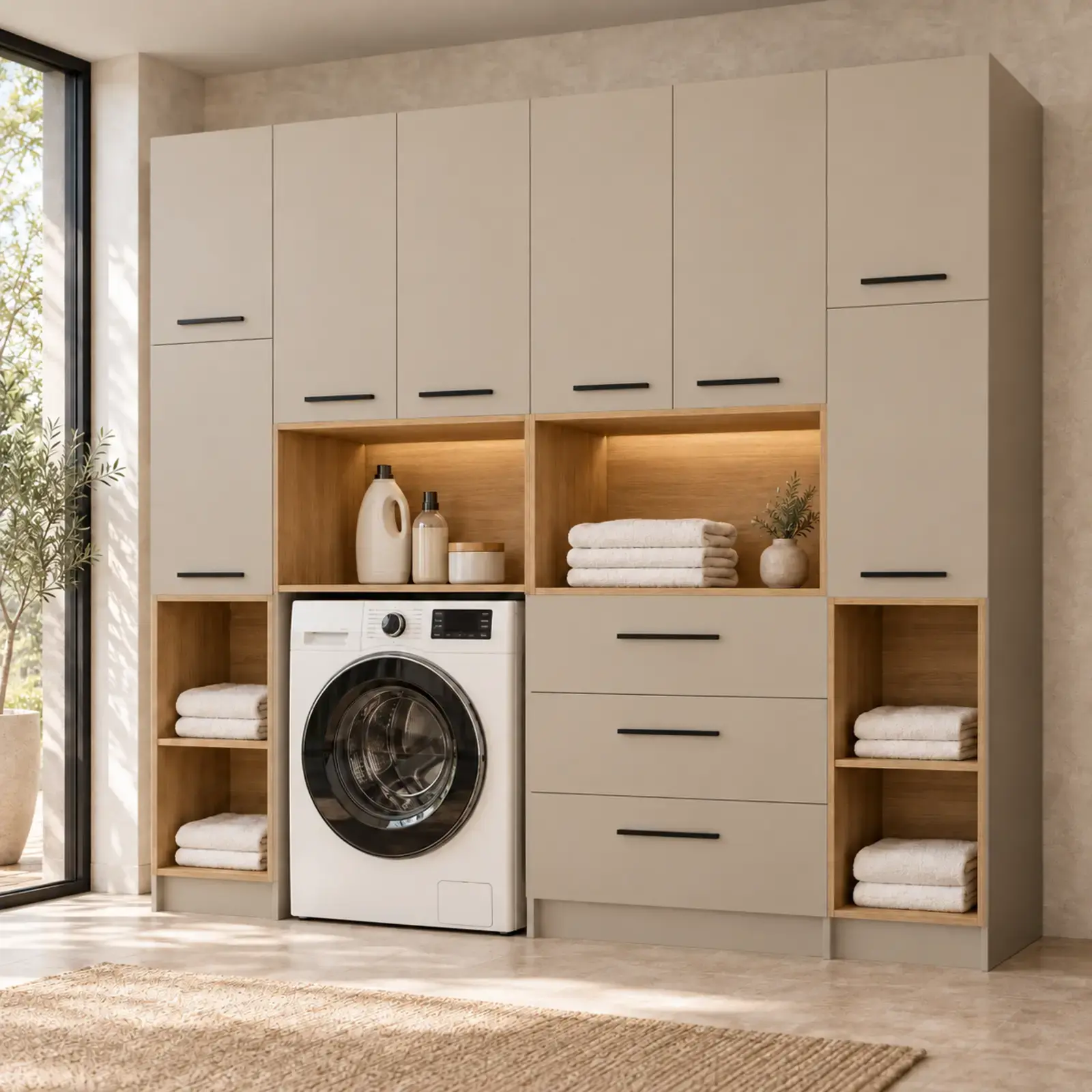 Erelvessa Düz MDF Tek Makine, Üç Çekmeceli Katlama Modülü ve Çift Açık Havlu Nişli Dolap 220 cm