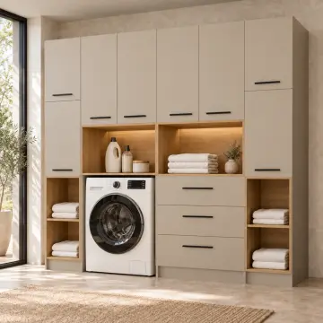 Erelvessa Düz MDF Tek Makine, Üç Çekmeceli Katlama Modülü ve Çift Açık Havlu Nişli Dolap 220 cm