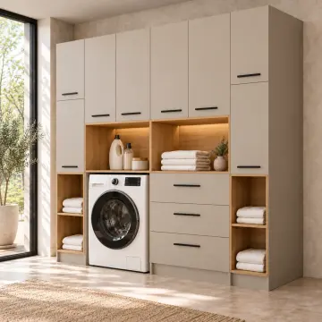 Erelvessa Düz MDF Tek Makine, Üç Çekmeceli Katlama Modülü ve Çift Açık Havlu Nişli Dolap 220 cm
