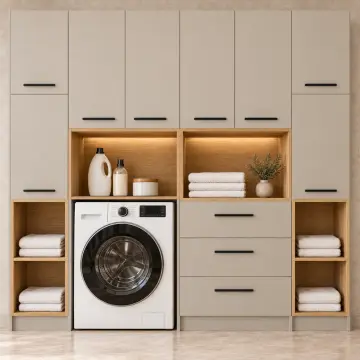 Erelvessa Düz MDF Tek Makine, Üç Çekmeceli Katlama Modülü ve Çift Açık Havlu Nişli Dolap 220 cm