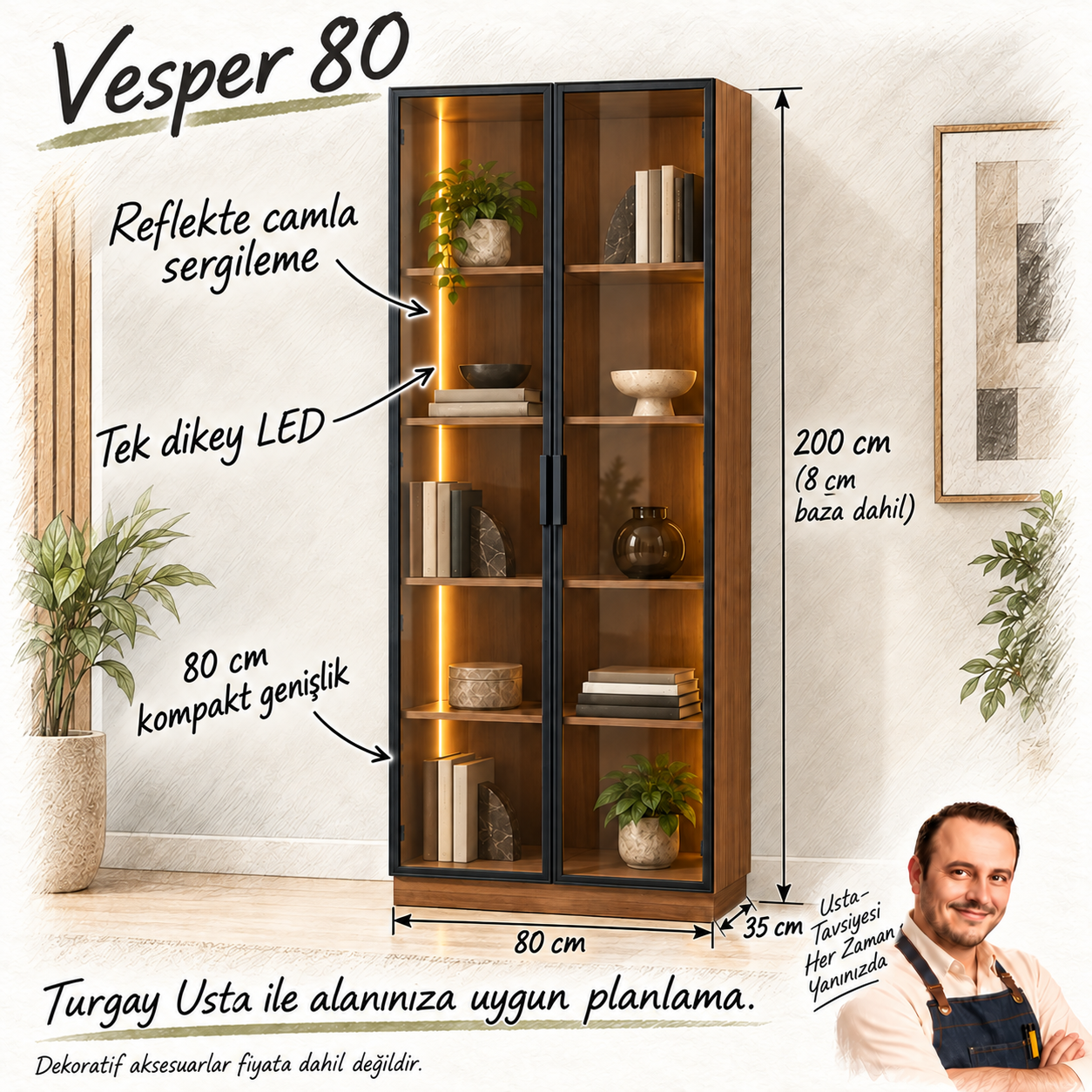 Vesper 80 camlı kitaplık 80 x 35 x 200 cm ölçülü Turgay Usta eskizi