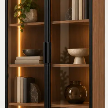 Vesper 80 Ceviz Reflekte Camlı Dikey LED Kitaplık
