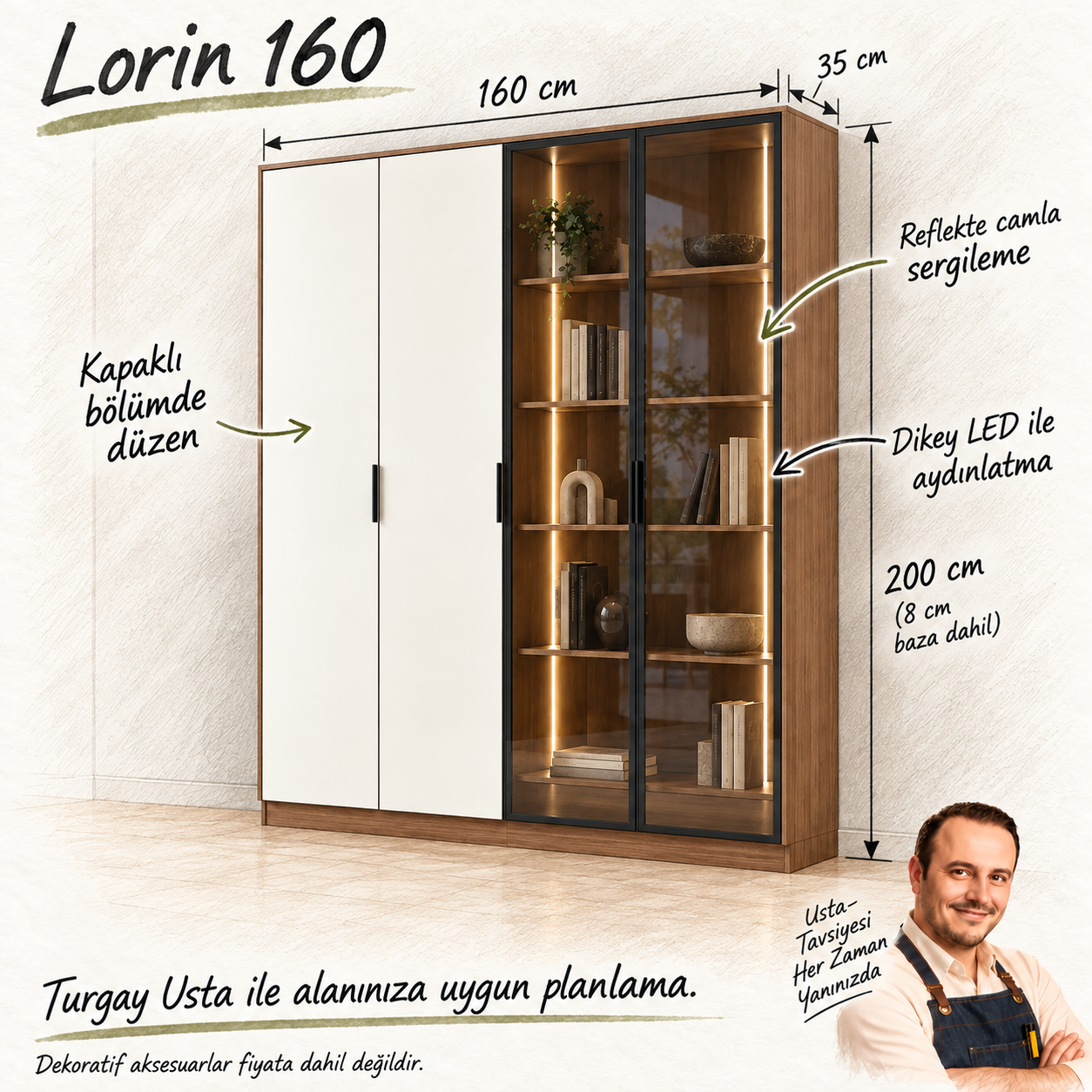 Lorin 160 beyaz kapaklı ve reflekte camlı LED kitaplık: 160 x 35 x 200 cm ölçülü Turgay Usta eskizi