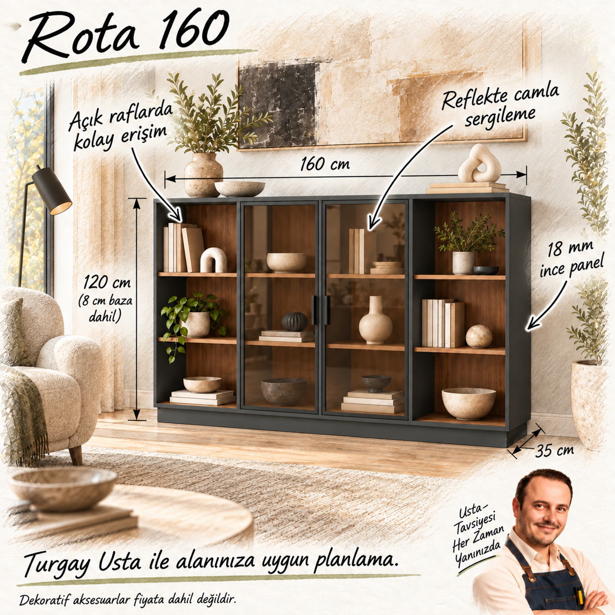 Rota 160 antrasit ceviz camlı kitaplık: 160 x 35 x 120 cm ölçülü Turgay Usta eskizi