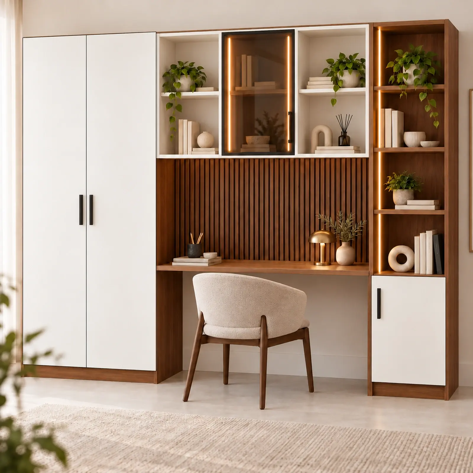 Duru 240 Premium Reflekte Camlı Kitaplıklı Gardıroplu Çalışma Masası