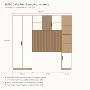 Duru 240 Premium Reflekte Camlı Kitaplıklı Gardıroplu Çalışma Masası