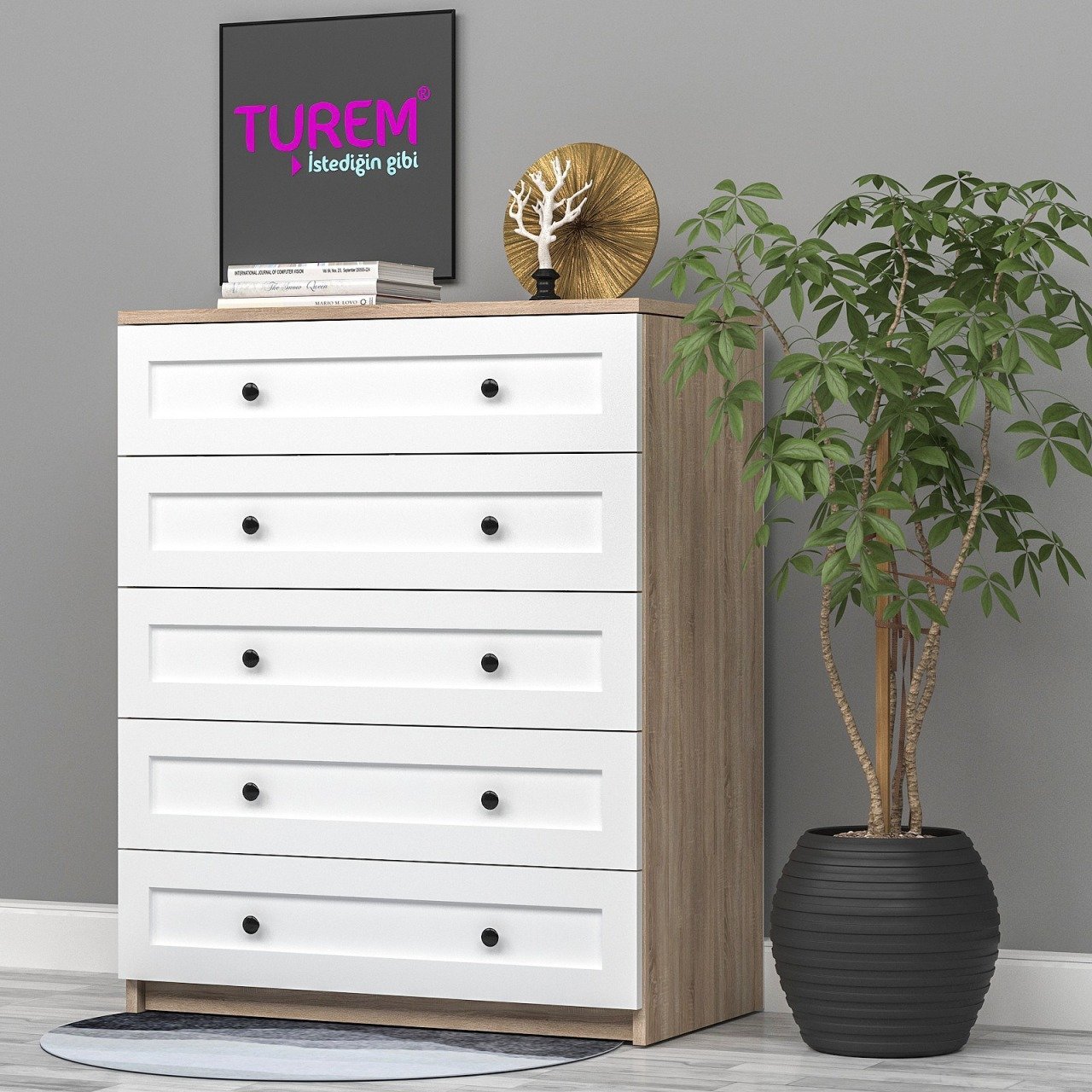 Firuze 5 Çekmeceli Şifonyer Çıtalı Kapak