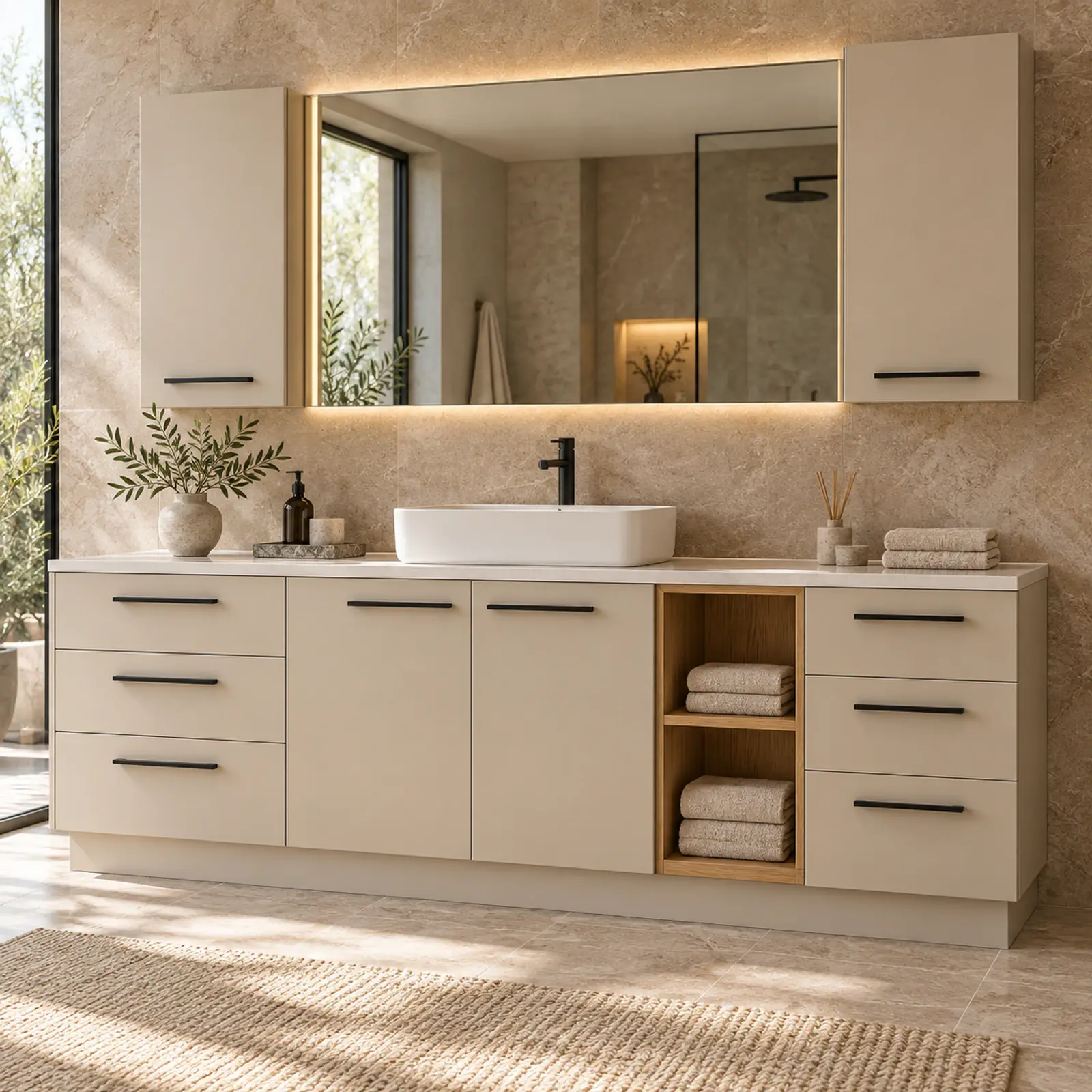 Irelvessa Düz MDF Asimetrik Altı Çekmeceli Açık Havlu Nişli Banyo Dolabı 220 cm