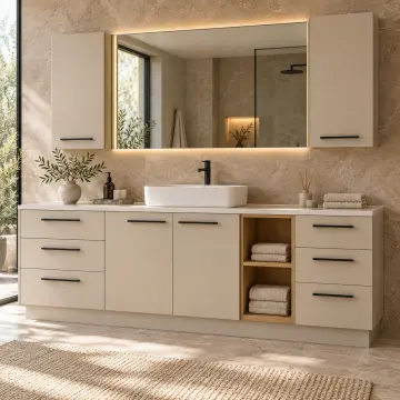 Irelvessa Düz MDF Asimetrik Altı Çekmeceli Açık Havlu Nişli Banyo Dolabı 220 cm