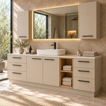 Irelvessa Düz MDF Asimetrik Altı Çekmeceli Açık Havlu Nişli Banyo Dolabı 220 cm