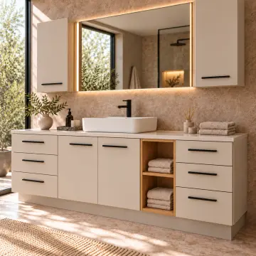 Irelvessa Düz MDF Asimetrik Altı Çekmeceli Açık Havlu Nişli Banyo Dolabı 220 cm