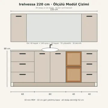 Irelvessa Düz MDF Asimetrik Altı Çekmeceli Açık Havlu Nişli Banyo Dolabı 220 cm