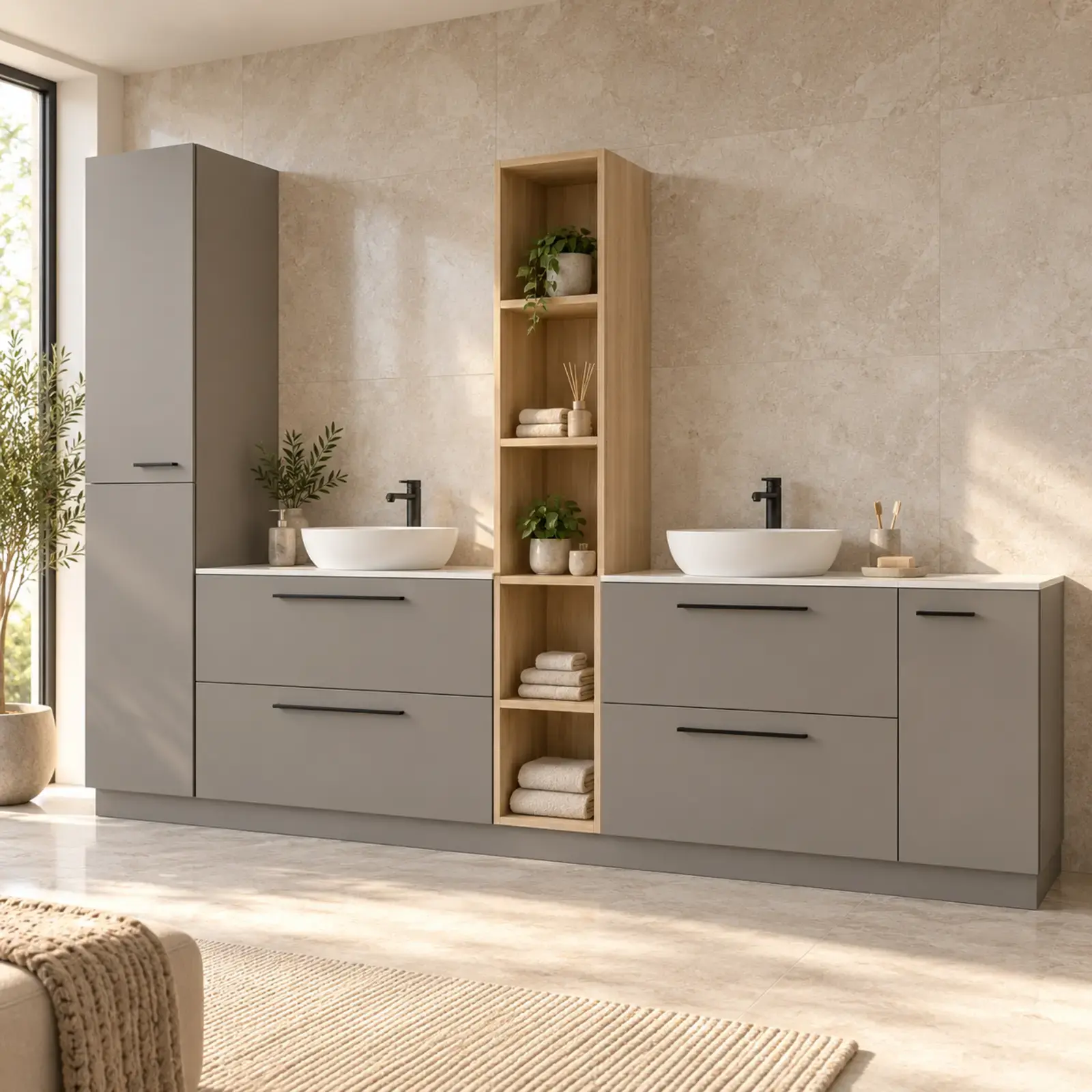 Yelvarina Düz MDF Boy Dolaplı Dört Çekmeceli ve Beş Açık Gözlü Banyo Dolabı 265 cm