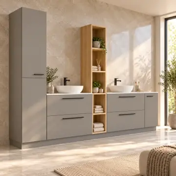 Yelvarina Düz MDF Boy Dolaplı Dört Çekmeceli ve Beş Açık Gözlü Banyo Dolabı 265 cm