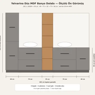Yelvarina Düz MDF Boy Dolaplı Dört Çekmeceli ve Beş Açık Gözlü Banyo Dolabı 265 cm