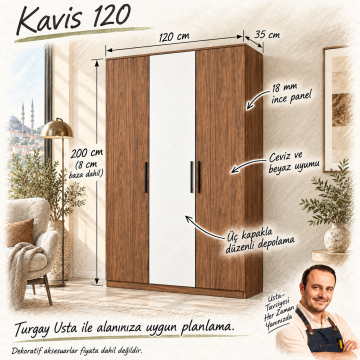 Kavis 120 Ceviz Beyaz Üç Kapaklı Kitaplık