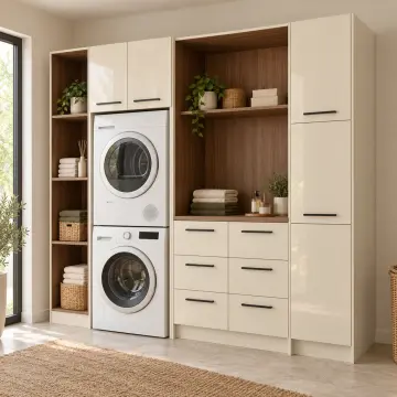 Karelvena High Gloss Üst Üste İki Makine, Altı Çekmeceli ve Açık Tekstil Kuleli Dolap 210 cm