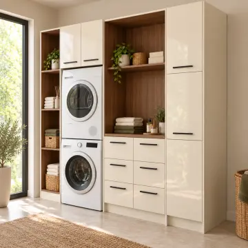 Karelvena High Gloss Üst Üste İki Makine, Altı Çekmeceli ve Açık Tekstil Kuleli Dolap 210 cm