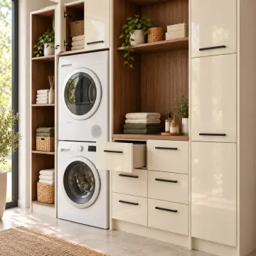 Karelvena High Gloss Üst Üste İki Makine, Altı Çekmeceli ve Açık Tekstil Kuleli Dolap 210 cm