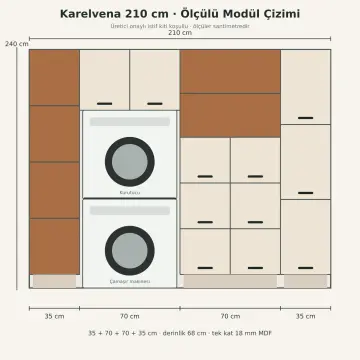 Karelvena High Gloss Üst Üste İki Makine, Altı Çekmeceli ve Açık Tekstil Kuleli Dolap 210 cm