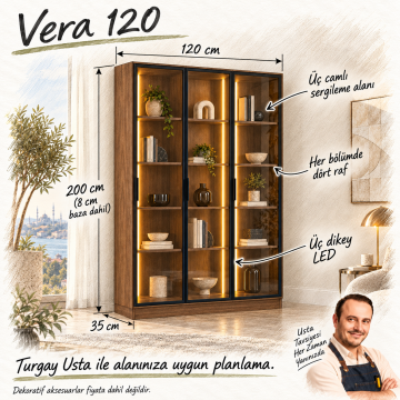 Vera 120 Ceviz Üç Reflekte Camlı Dikey LED Kitaplık