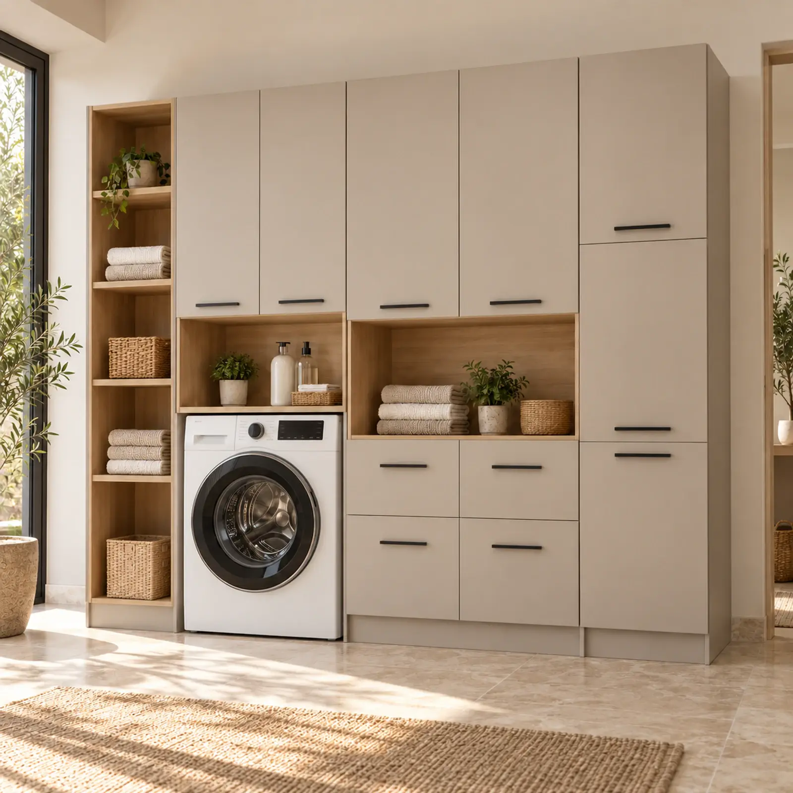 Marelvena Düz MDF Tek Makine, Dört Çekmeceli ve Beş Açık Tekstil Gözlü Dolap 220 cm