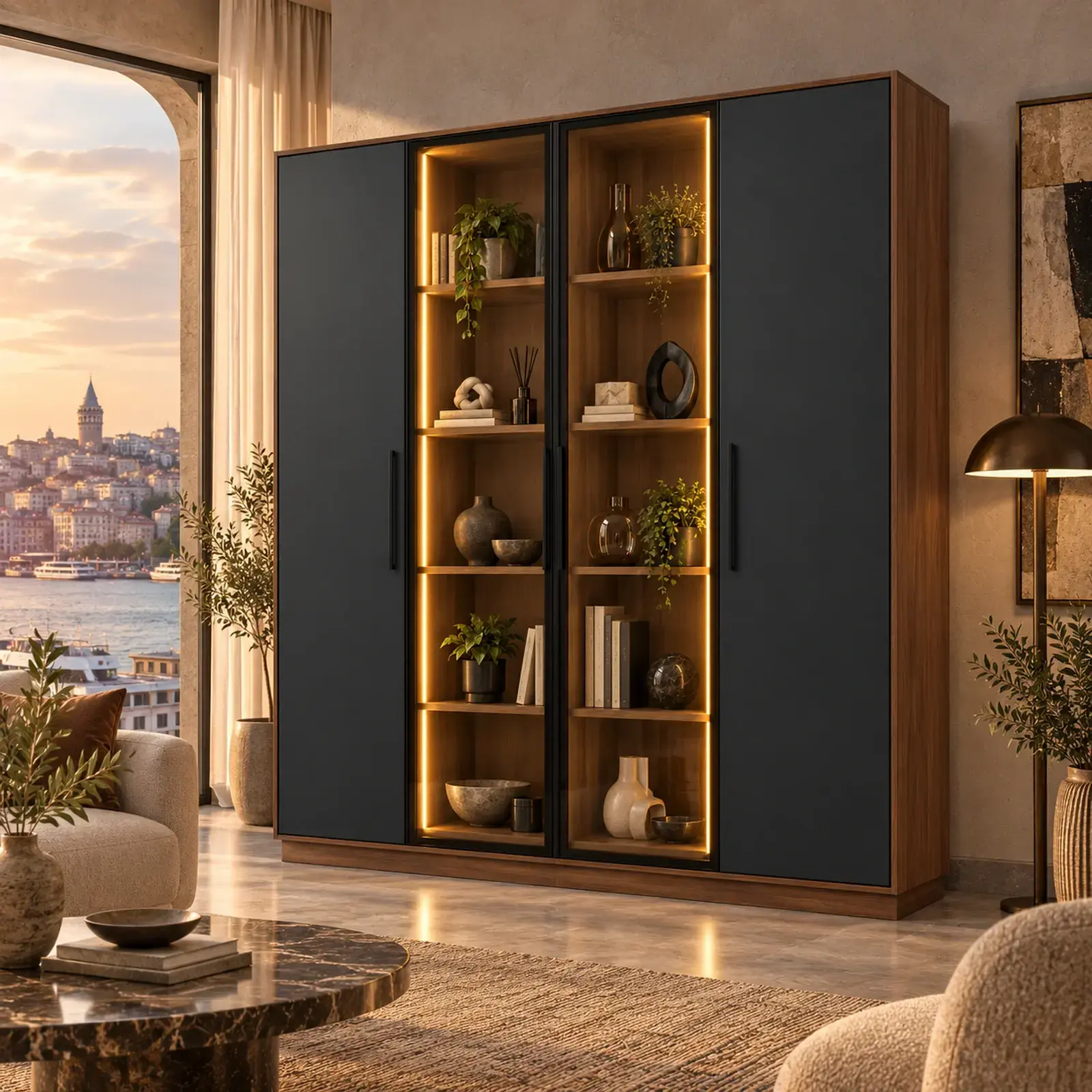 Meridyen 160 Antrasit Reflekte Camlı Dikey LED Kitaplık