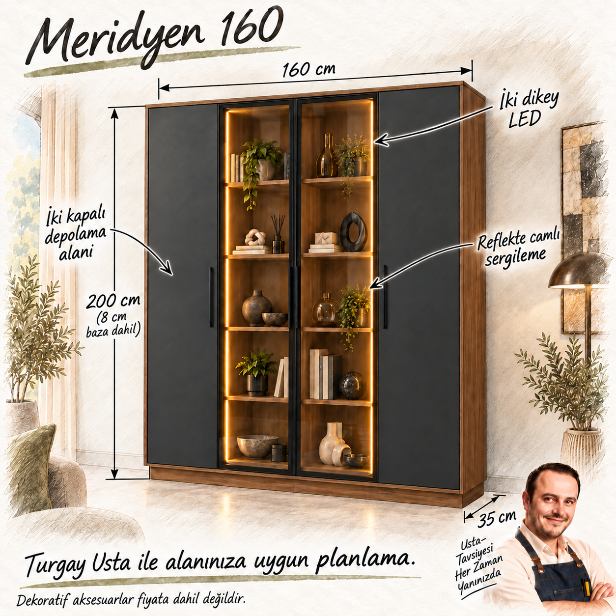 Meridyen 160 camlı kitaplık 160 x 35 x 200 cm ölçülü Turgay Usta fayda eskizi