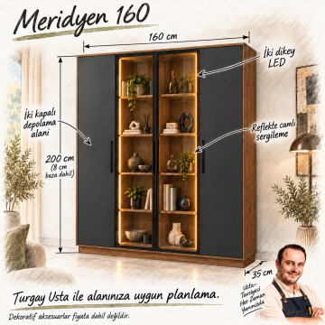 Meridyen 160 Antrasit Reflekte Camlı Dikey LED Kitaplık