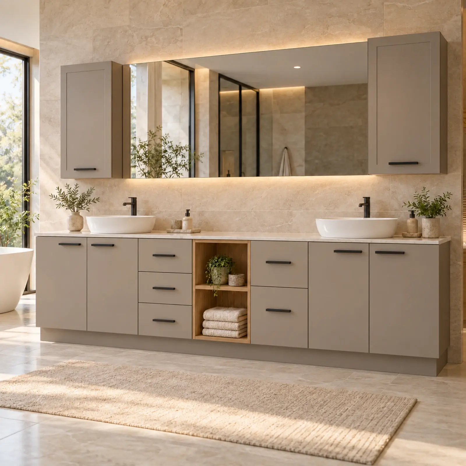 Neylora Membran Çift Lavabolu Asimetrik Beş Çekmeceli Orta Açık Havlu Nişli Banyo Dolabı 240 cm