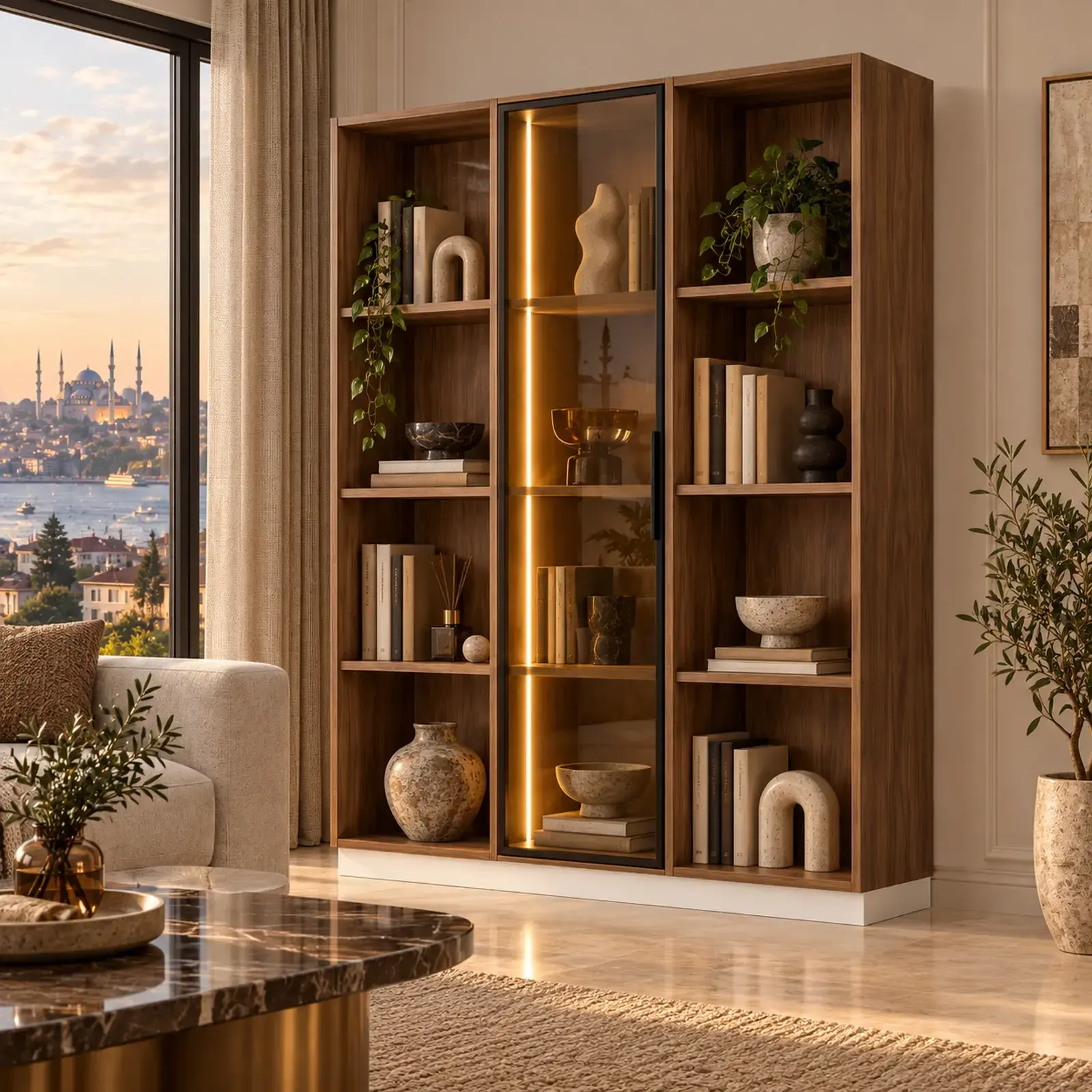 Saye 120 Ceviz Reflekte Camlı ve Açık Raflı LED Kitaplık
