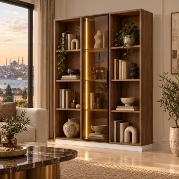 Saye 120 Ceviz Reflekte Camlı ve Açık Raflı LED Kitaplık