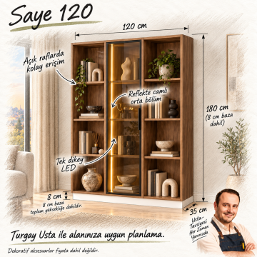 Saye 120 Ceviz Reflekte Camlı ve Açık Raflı LED Kitaplık