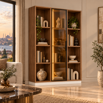 Saye 120 Ceviz Reflekte Camlı ve Açık Raflı LED Kitaplık