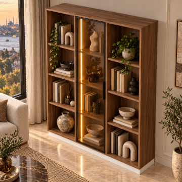 Saye 120 Ceviz Reflekte Camlı ve Açık Raflı LED Kitaplık