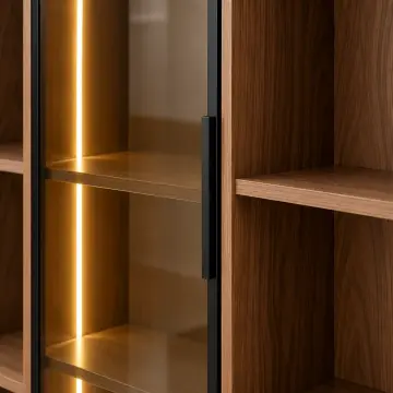 Saye 120 Ceviz Reflekte Camlı ve Açık Raflı LED Kitaplık