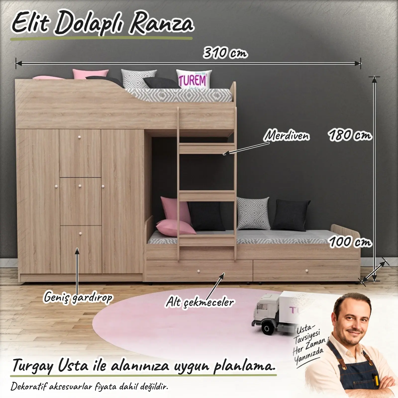 Elit Dolaplı Ranza ölçülü Turgay Usta eskizi 310x100x180 cm