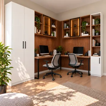 Pera L250 Premium İki Kişilik L Kitaplıklı Gardıroplu Çalışma Masası