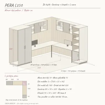 Pera L250 Premium İki Kişilik L Kitaplıklı Gardıroplu Çalışma Masası