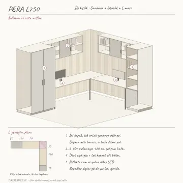 Pera L250 Premium İki Kişilik L Kitaplıklı Gardıroplu Çalışma Masası