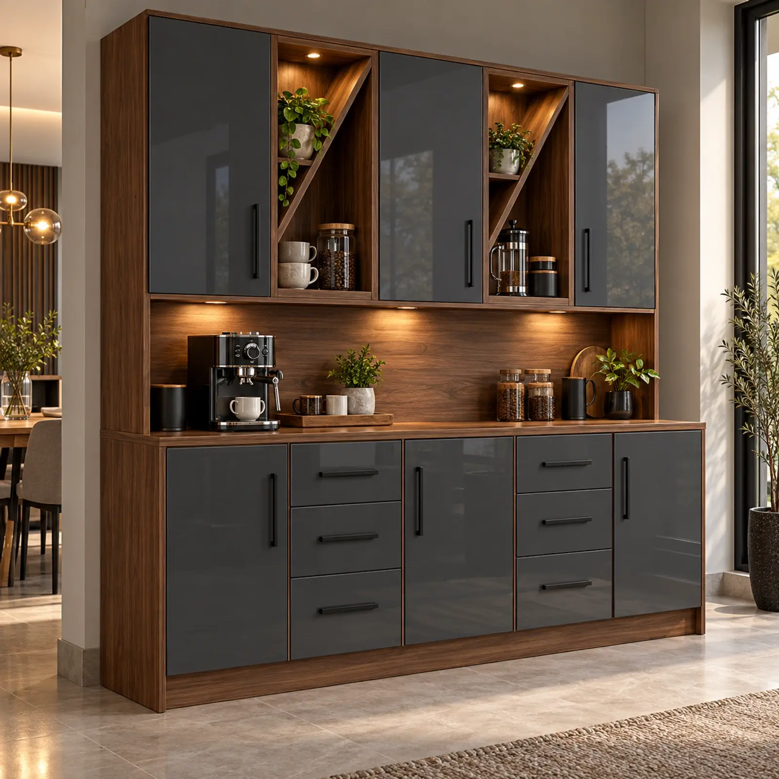 Torvelyona 200 cm Çift Çapraz Nişli Altı Çekmeceli High Gloss Kahve Köşesi