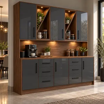 Torvelyona 200 cm Çift Çapraz Nişli Altı Çekmeceli High Gloss Kahve Köşesi