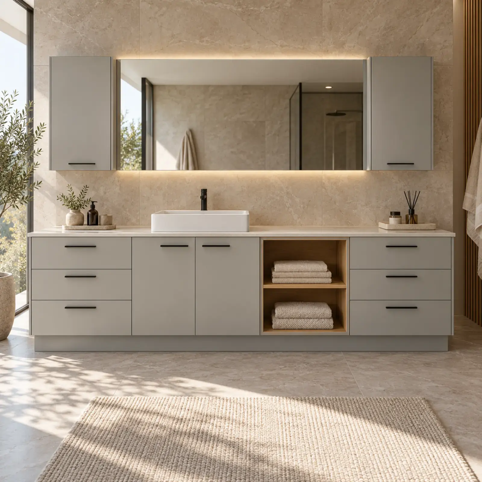 Parelvia Lake Çift Çekmece Bloklu Sol Lavabolu Orta Açık Havlu Nişli Banyo Dolabı 240 cm