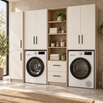 Zeravina Membran İki Makineli Temizlik Dolaplı ve Açık Raflı Dolap 250 cm