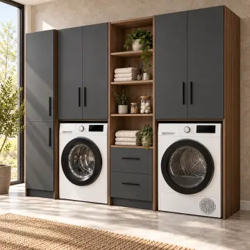 Zeravina Membran İki Makineli Temizlik Dolaplı ve Açık Raflı Dolap 250 cm