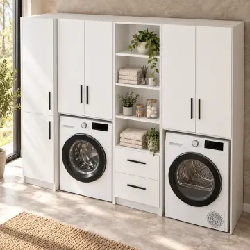 Zeravina Membran İki Makineli Temizlik Dolaplı ve Açık Raflı Dolap 250 cm