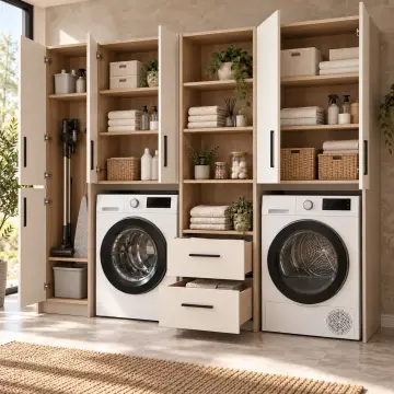 Zeravina Membran İki Makineli Temizlik Dolaplı ve Açık Raflı Dolap 250 cm