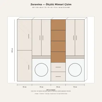 Zeravina Membran İki Makineli Temizlik Dolaplı ve Açık Raflı Dolap 250 cm