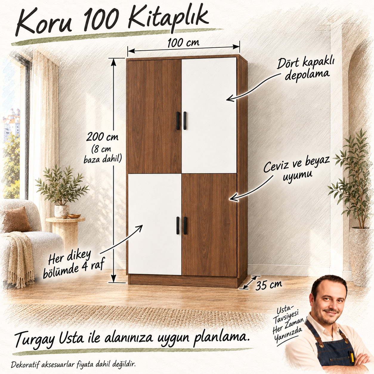 Koru 100 dört kapaklı kitaplık ölçüleri ve Turgay Usta kullanım eskizi